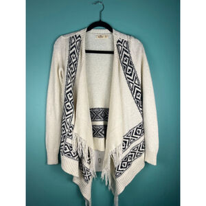 Women's Hollister Beige Black Patterned Fringe Waterfall Cardigan Sweater XS
